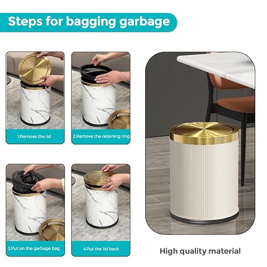 4 Gallon Bathroom Trash Can with Swing Lid, Large Gold White Garbage Can, Fancy, Big Leather Waste Basket, for Girls Bedroom Kitchen Powder Room (15L White)