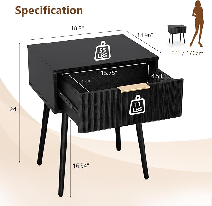 VINGLI Nightstands Set of 2, Fluted Night Stand with Drawer, Bedside Table, Wood Nightstand for Bedroom, Mid Century Modern End Tables, Black, 18.9" W*14.96" D*24" H