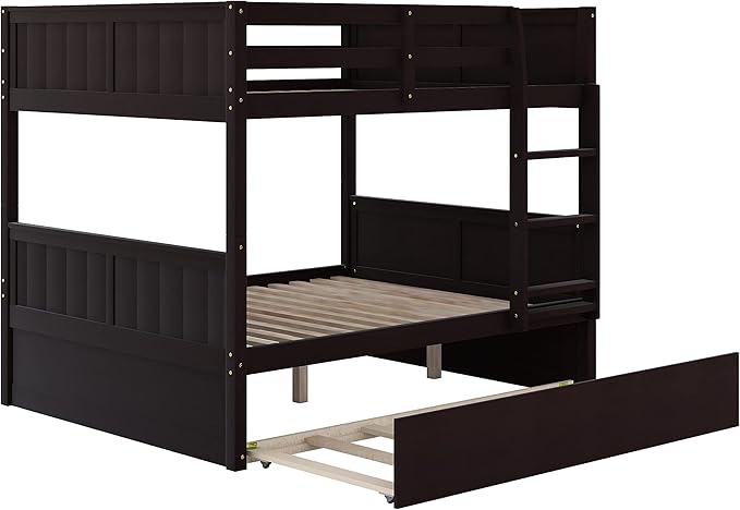 STERXONE Best Thicken Solid Wood Full Over Bunk Bed with Trundle, Luxurious Frame Size Safety Guard Rail and Ladder, Convertible to 2 Beds for Adults, Teens, Kids (Espresso)