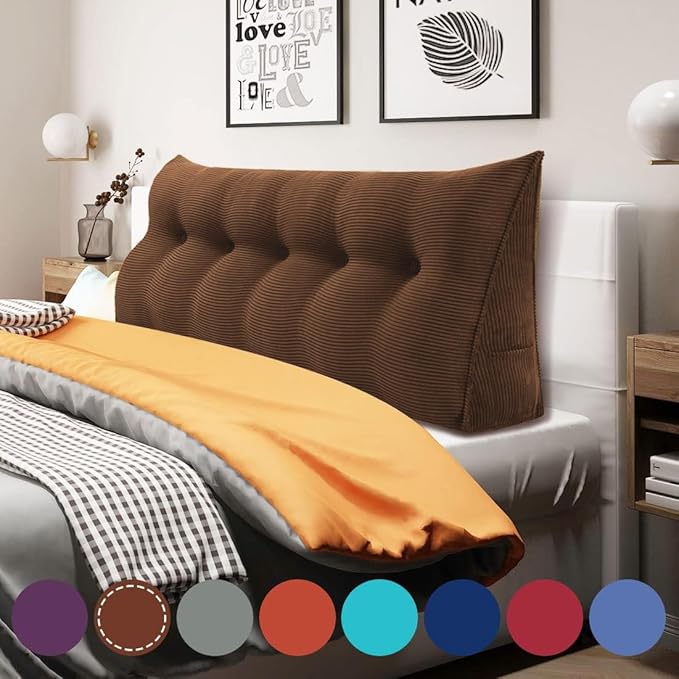 WOWMAX 100% Cotton Corduroy Headboard Pillow – Queen Size Back Support Reading Wedge for Bed & Daybed, Plush Handmade Bolster Cushion with Removable Cover, Cozy Bed Rest Pillow, Coffee