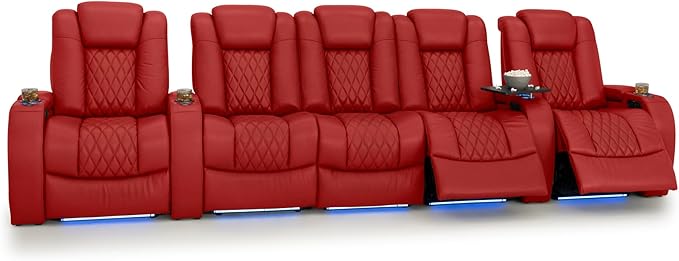 Seatcraft Diamante Zero-Gravity CoolZero Italian Leather Home Theater Seating, Power Headrest, Power Recline, Row of 5 Middle Sofa, Red
