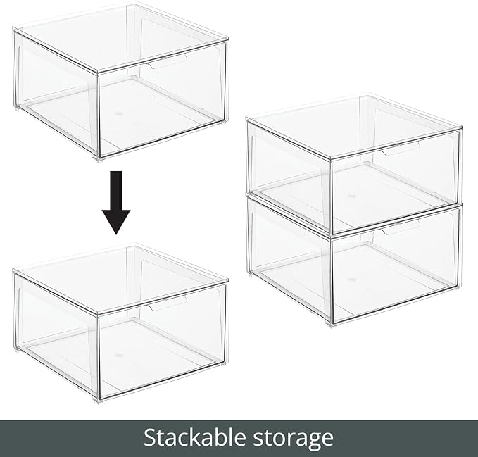 mDesign Plastic Stackable Closet Storage Organizer Bin Containers with Front Pull Drawer for Cabinet, Desk, Shelf, Cupboard, or Dresser Organization - Lumiere Collection - 4 Pack - Clear