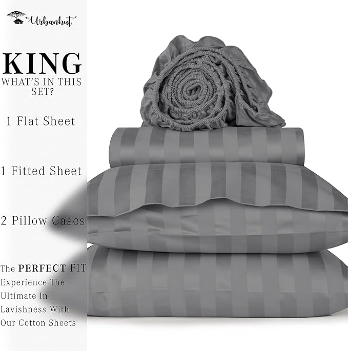 URBANHUT 800 Thread Count 100% Cotton Damask King Size Sheets, 4 Piece Striped King Size Bedsheets, Luxury Hotel Sheets Sateen Weave - Better Than Egyptian, 16" Elasticized Deep Pocket- Dark Grey