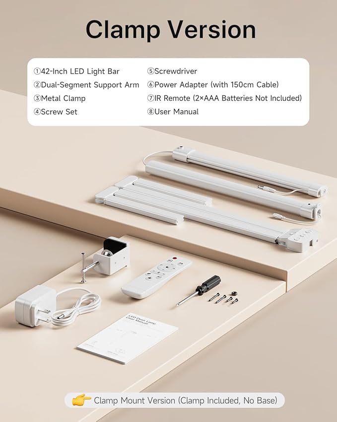 ONEMIX 42" LED Desk Lamp with Clamp, Architect Desk Light with Remote, Adjustable 4-Segment Bar, 1800LM Bright, Eye-Caring Desk Lamp for Home Office, Reading, Study, Dual Monitors, Workbench (White)