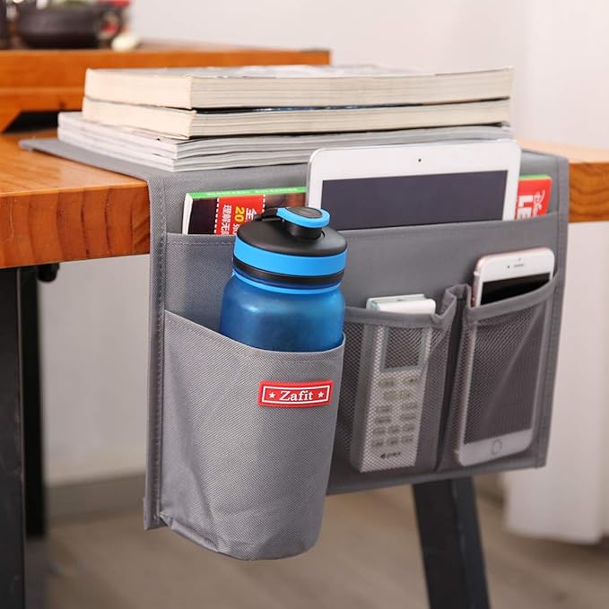 Zafit Bedside Storage Organizer - Table Cabinet Organizer Caddy for Remotes, Phone, Glasses (4 Pockets - Grey)