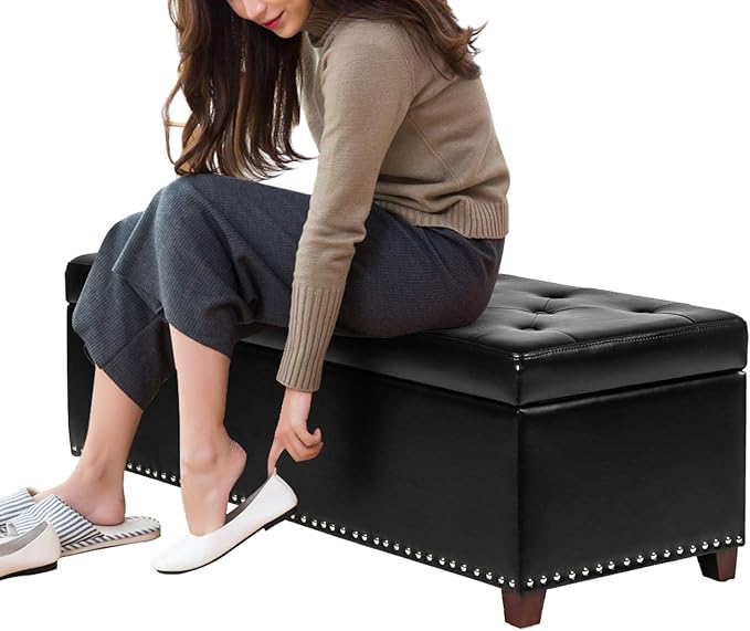 Joveco 47 Inch Storage Ottoman Bench,Tufted Leather Storage Bench with Nailhead Trim for Bedroom (47”,Black)