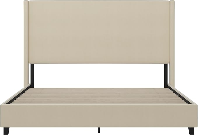 EMMA + OLIVER Nora King Size Faux Linen Upholstered Platform Bed with Plush Padded Wingback Headboard (No Box Spring Needed), Modern Upholstered Headboard King Bed Frame, Beige