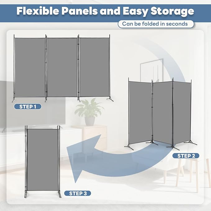 DUMOS 3 Panel Partition Room Divider, 6 Ft Tall Folding Privacy Screen, Freestanding Partition with Steel Frame, Easy Move & Storage, for Home, Office, Bedroom, Grey