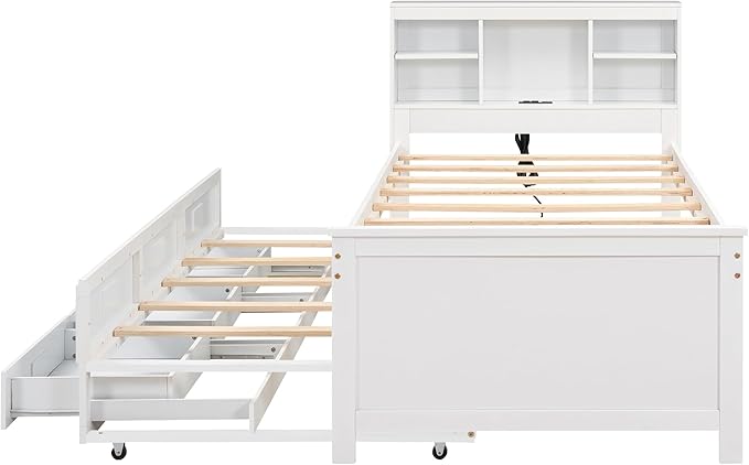 Platform Bed with Storage Headboard, USB, Twin Size Trundle and 3 Drawers, Twin Size, White