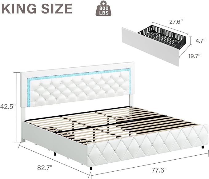BarnFurin King Size Bed Frame with LED Lights and Storage Drawers, Upholstered Platform Bed with Diamond Tufted Headboard, Wooden Slats Support, No Box Spring Needed, Easy Assembly, White