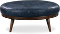 POLY & BARK Gio Ottoman – 30” Round with Feather-Down Topper – Full-Grain Leather Upholstery – Couch Ottoman for Living Room – Vintage Italian Leather in Midnight Blue