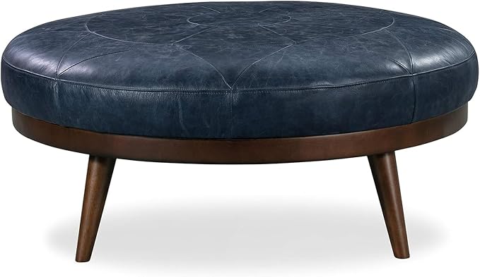 POLY & BARK Gio Ottoman – 30” Round with Feather-Down Topper – Full-Grain Leather Upholstery – Couch Ottoman for Living Room – Vintage Italian Leather in Midnight Blue