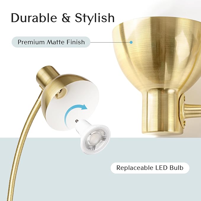 Solfres Patented Innovative Design Headboard Reading Light Pro. No Drilling Book Light for Bedtime Reading. Dimmable LED Book Reading Lamp with Bulb. Movable & Flexible, Gold