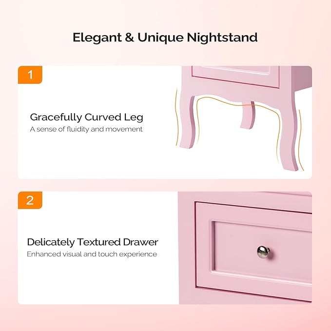Bonnlo Nightstand Set of 2, Nightstands with 2 Drawers, Bed Side Table/Night Stand, Pink Nightstand, Small Nightstand for Bedroom, College Dorm, Kids’ Room, Living Room, Wood, 16W x 12D x 24H
