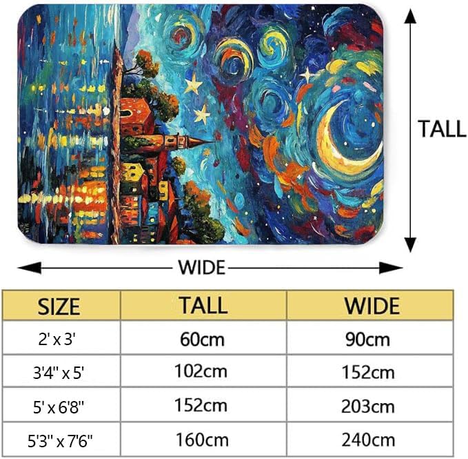 Machine Washable 3' x 5' Seaside Villages and Churches Area Rug, Bule Floor mat, Suitable for bedrooms, Girls' Room Bedside, Living Room, Dining Room, Office, Non-Slip Low-Pile Night Sky Carpet