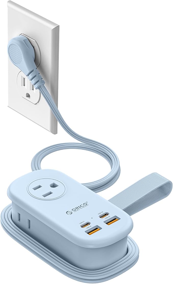 ORICO 65W GaN Travel Power Strip with 7-in-1 Charging Ports (3 AC Outlets/2 USB-A/2 USB-C), Flat Plug and 4FT Extension Cord, Fast Charger for MacBook Pro/Air, iPad Pro, iPhone 17/16/15- AP3