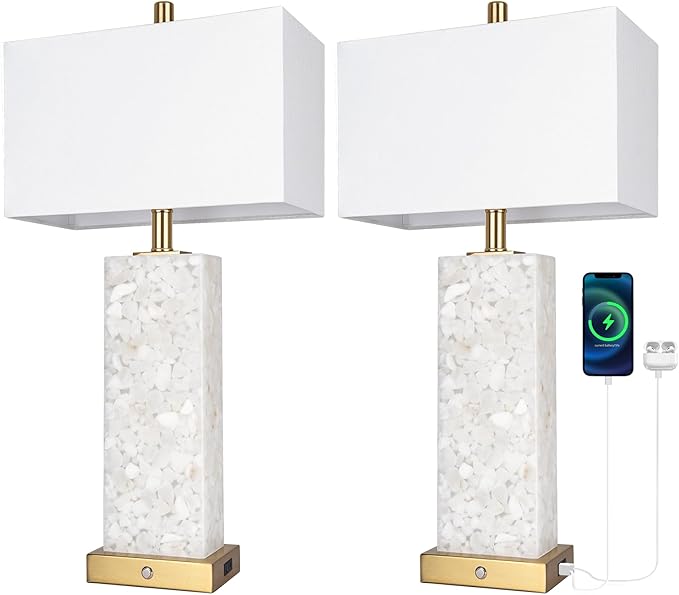 2-Pack 25.6" Alabaster Lamps, Marble Lamp Nightstand Lamps Set of 2, 3-Color Temperatures Bedside Lamps with Nightlight, Modern Table Lamp with USB Ports for Living Room Bedroom Hotel, Bulbs Included