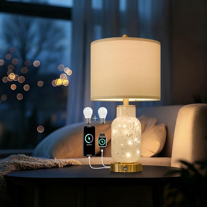 Oneach 22" Glass Table Lamps Set of 2, White Modern Bedside Lamp with LED Night Light for Living Room, Nightstand Lamp with USB Ports for Bedrooms, Study Room, End Table(2 Bulbs Included)