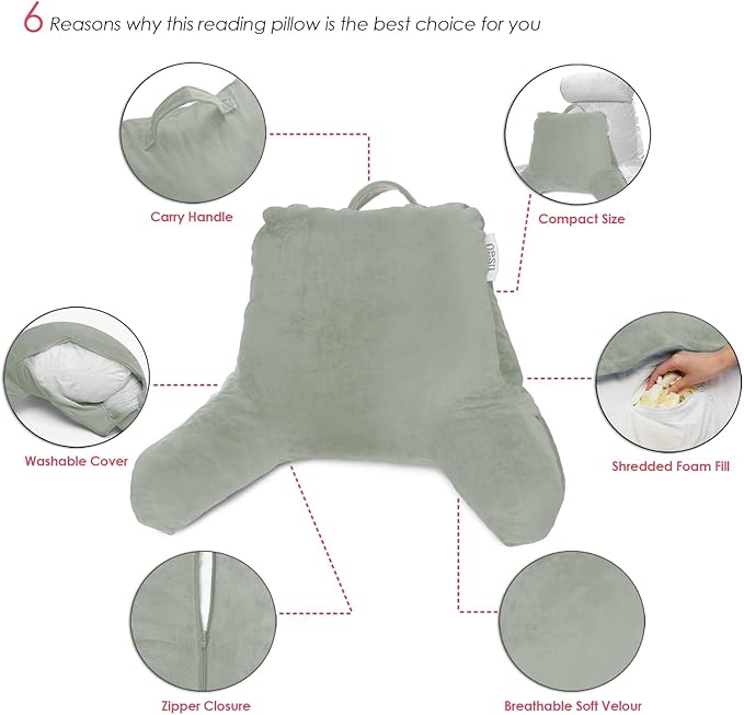 Nestl Reading Pillow for Kids & Teens with Shredded Memory Foam, Backrest Pillows for Reading, Watching, and Gaming, Use on The Couch, Bed, or Floor, Adjustable Support with Washable Cover Sage Green