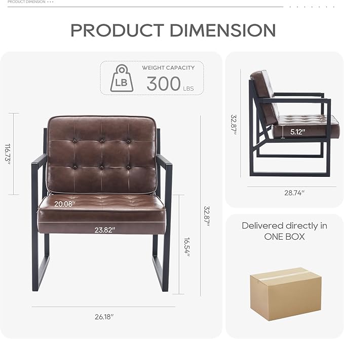 COLAMY Mid Century Modern Accent Chair, Comfy Living Room Chairs, Brown Leather Accent Chair, Faux Leather Reception Armchair with Metal Legs for Living Room Bedroom Reception Waiting Room, Brown