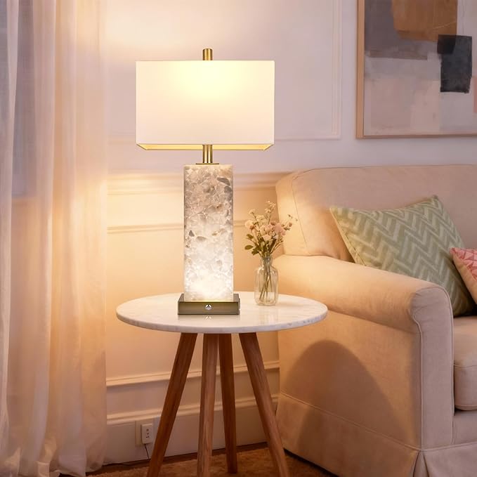 2-Pack 25.6" Alabaster Lamps, Marble Lamp Nightstand Lamps Set of 2, 3-Color Temperatures Bedside Lamps with Nightlight, Modern Table Lamp with USB Ports for Living Room Bedroom Hotel, Bulbs Included