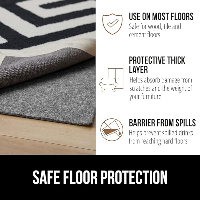 GORILLA GRIP Felt and Natural Rubber Stay in Place Slip Resistant Rug Pad, 1/8in Thick, 2x4 FT Protective Padding Under Area Rugs, Cushioned Gripper Pads, Carpet Runners, Hardwood Floors Protection