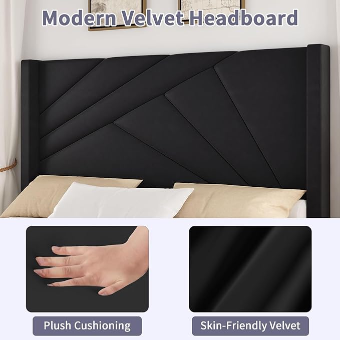 BarnFurin Full Size Upholstered BedFrame, Velvet Platform Bedwith Geometric TuftedHeadboard& Footboard, Wingback Design, attress Foundation with Wooden Slats, No Box Spring,Needed NoiseFree.Black
