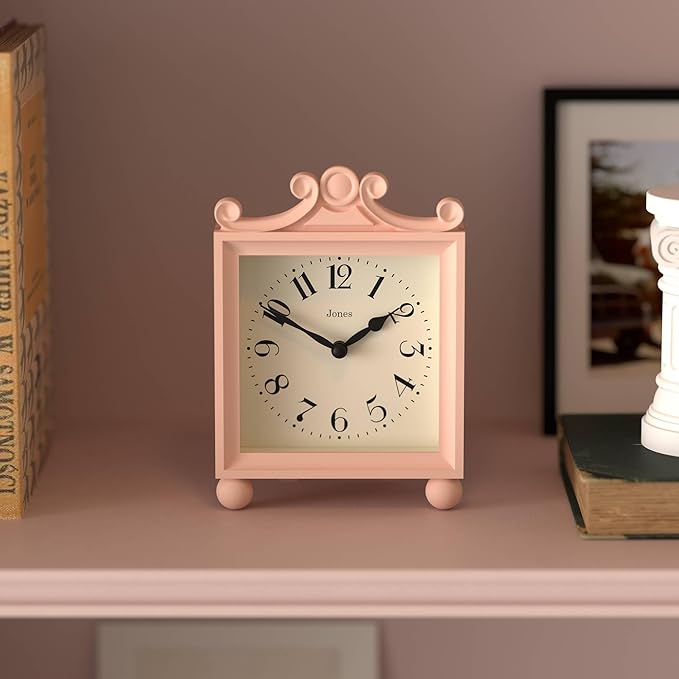 JONES CLOCKS® Parlour Mantel Clock | Classic Carriage Clock | Rose Pink | Elegant Square Decorative case, Perfect for Mantel, Shelf, Table or Bedside