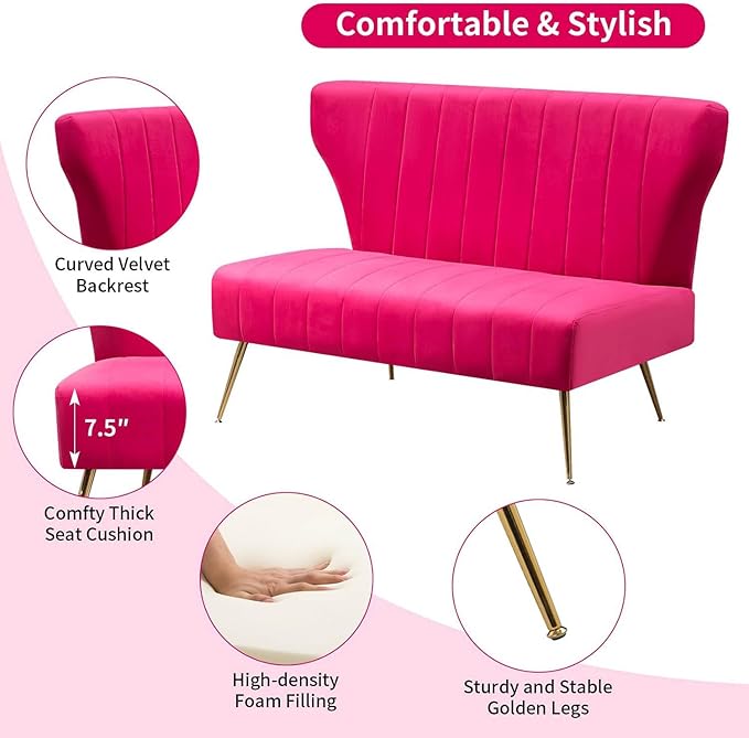 50’’ Armless Loveseat Sofa, Comfy Upholstered Velet Small Couch Sofa with Gold Legs, 2 Seater Tufted Modern Couch for Living Room, Bedroom, Apartment Small Space (Fuchsia)