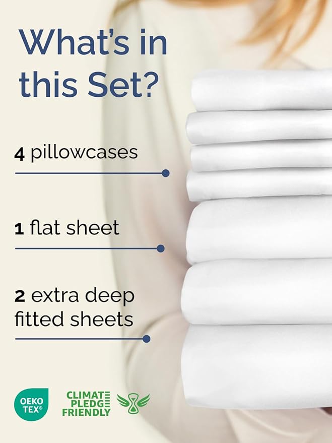 Extra Deep Split King Sheet Set - 7 Piece Breathable & Cooling Sheets - Hotel Luxury Bed Sheets Set - Easy & Secure Fit - Soft, Wrinkle Free & Comfy Sheets Set - White Sheet Set w/Extra Deep Pockets