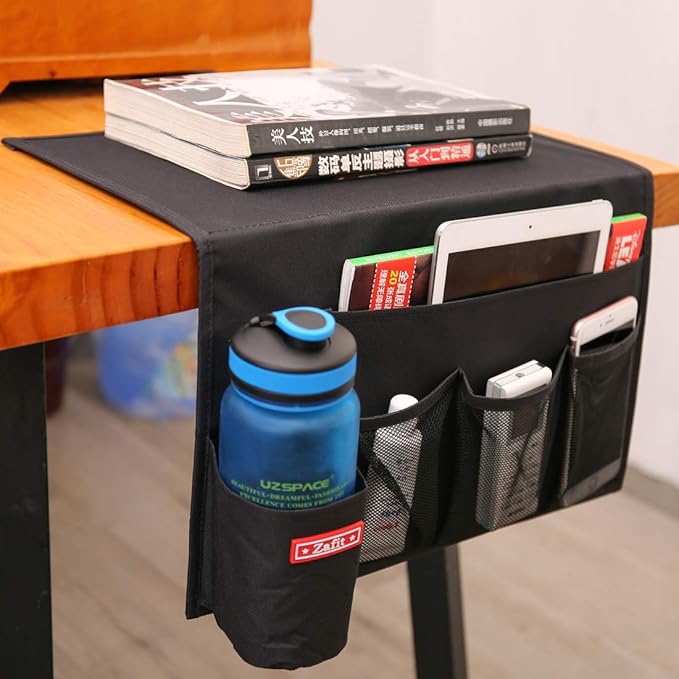 5 Pockets Bedside Caddy, Bedside Storage Organizer for Water Bottles, Magazines, Phone, Glasses (5 Pockets-Black)