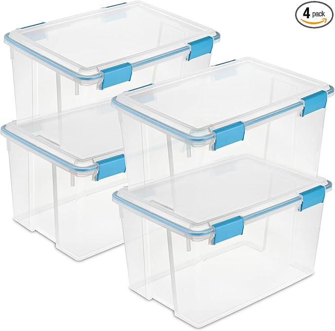 Sterilite 4-Pack Gasket Box, Weather-Resistant Storage Bins with Latching Lids, 54 Quart - Heavy-Duty Organizing Containers for Closet, Bathroom, and Office