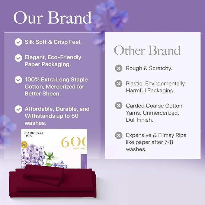 Carressa Linen 100% Egyptian Cotton Twin XL Sheets Set - 600 Thread Count Luxury Egyptian Cotton Sheets Twin XL Size (3 PC, Classic Burgundy), 16" Deep Pocket, Soft, Cooling, Sateen Weave Dorm Bedding