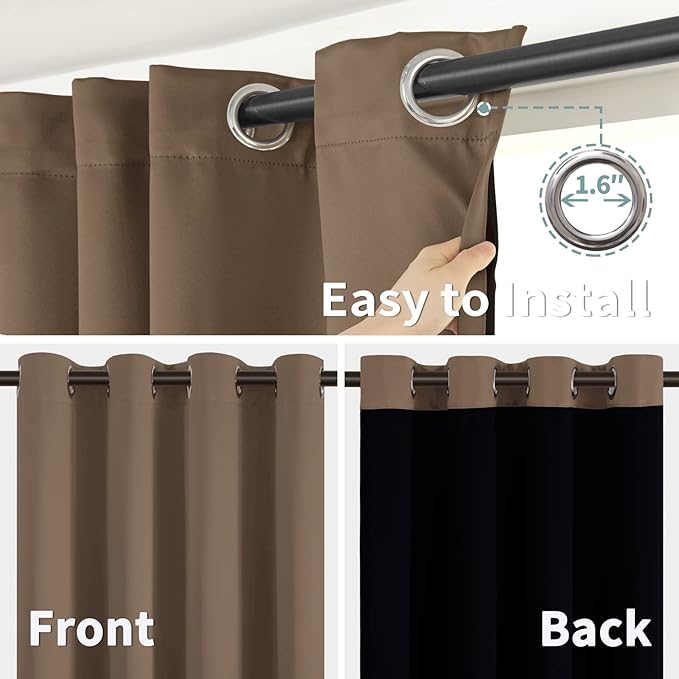 BGment Thermal Insulated 100% Blackout Curtains for Bedroom with Black Liner, Double Layer Full Room Darkening Noise Reducing Grommet Curtain (52 x 72 Inch, Taupe, 2 Panels)
