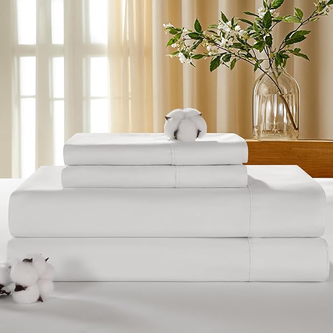 LBRO2M 100% Cotton Sheets Set Deep Pocket 19", 1000 Thread Count Full Size 4 Piece Bed Sheet Sets Soft Comfortable Bedding All Season (Full, White)