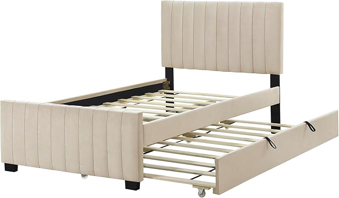 Twin Size Bed Frame with Trundle Bed,Velvet Upholstered Bed Frame,Twin Size Trundle Bed with Headboard,Upholstered Platform Bed Twin for Kids Teens Adults(Beige)