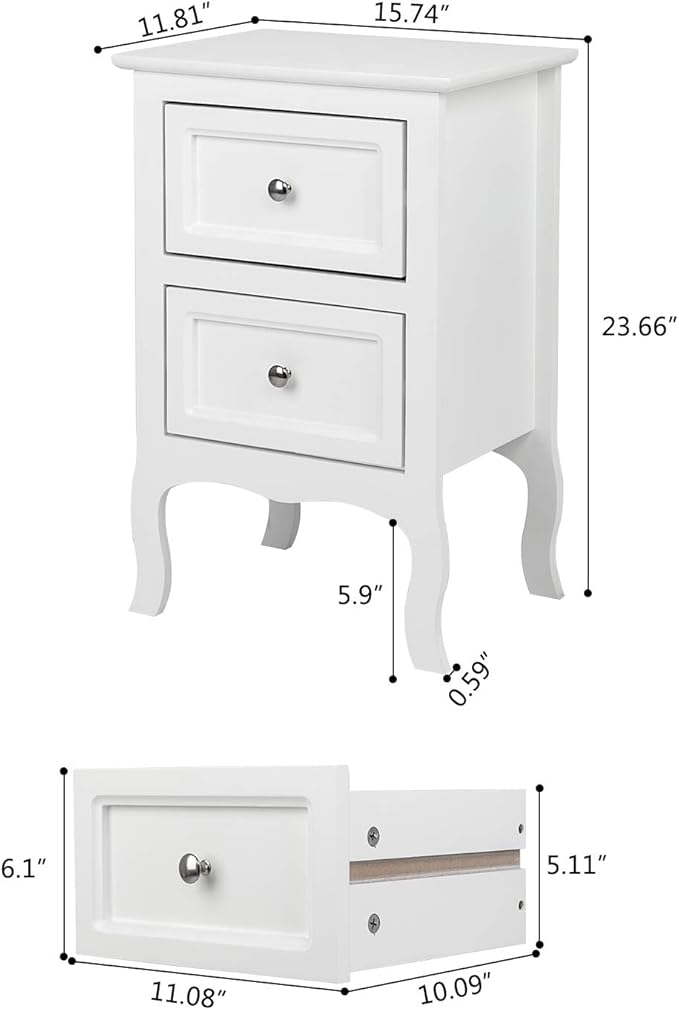 Bonnlo White Nightstand Set of 2, Nightstands with 2 Drawers, Bed Side Table/Night Stand, Small Nightstand for Bedroom, Small Spaces, College Dorm, Kids’ Room, Living Room, Wood, 16W x 12D x 24H