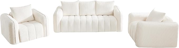 Corduroy Boneless Living Room Sets, Modern Upholstered 3 Seater Sofa with 2 Signle Accent Chairs, Comfy Deep Seat Cloud Sofa Couch Sets for Living Room, White