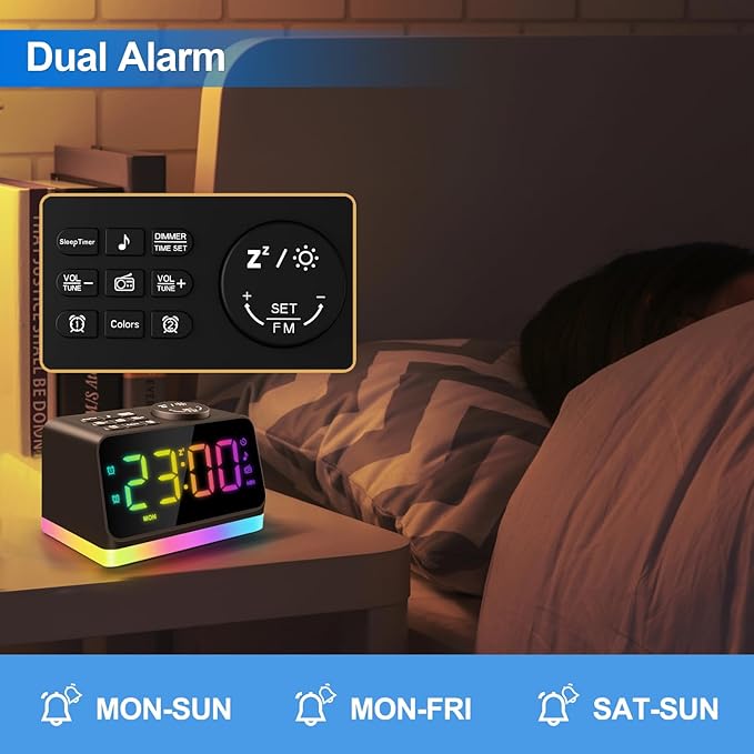 JALL Digital Alarm Clock with FM Radio for Bedroom, 8 Colors Night Light with 2 Charging Port, Sleep Sound Machines with Timer, Dual Alarm, Loud Alarm and Easy to Use for Seniors and Kids as Gift