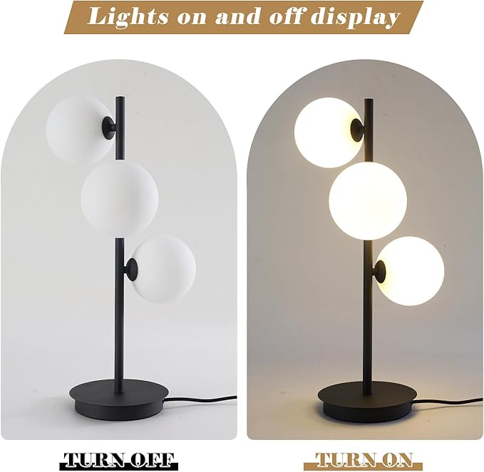 Mid Century Modern Table Lamp, Black Nightstand Lamp, White Glass Globe Desk Lamp, 3 Lights Contemporary Bedside Lamp for Bedroom Living Room Study Room