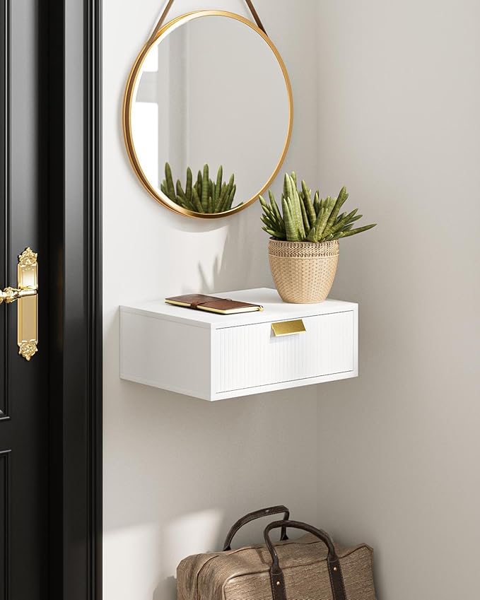 Floating Nightstand, Floating Shelf with Drawer, Wall Mounted Nightstand, Floating Bedside Table (White Stripe)