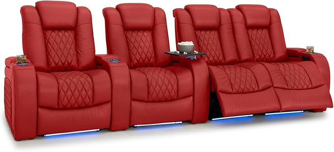 Seatcraft Diamante Zero-Gravity CoolZero Italian Leather Home Theater Seating, Power Headrest, Power Recline, Row of 4 Right Loveseat, Red