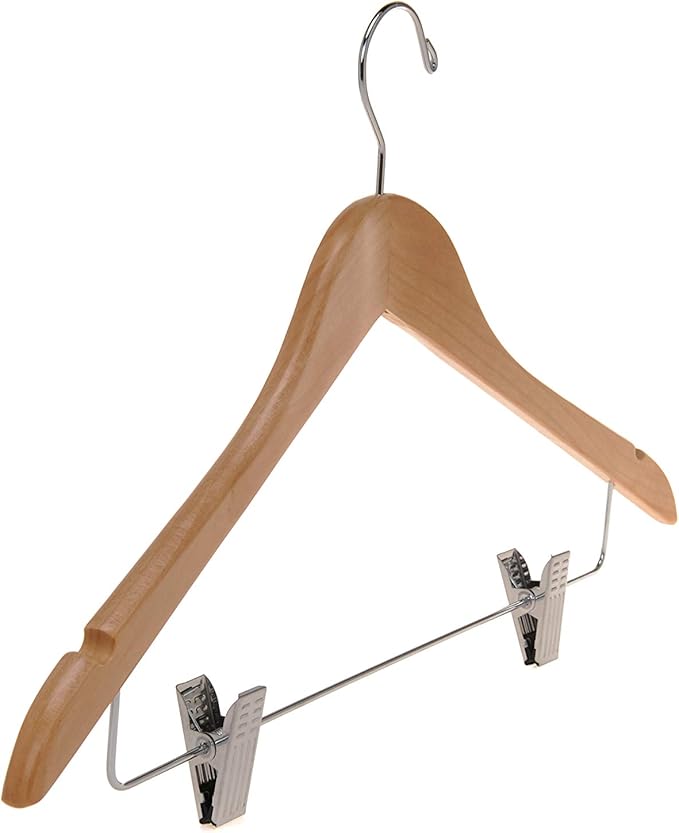 Quality Wooden Skirt Hangers with Clips, 10-Pack Smooth Solid Wood Pants Hangers with Durable Adjustable Metal Clips, Swivel Hook, Coat, Jacket, Blouse Suit Hangers (Natural, 10)
