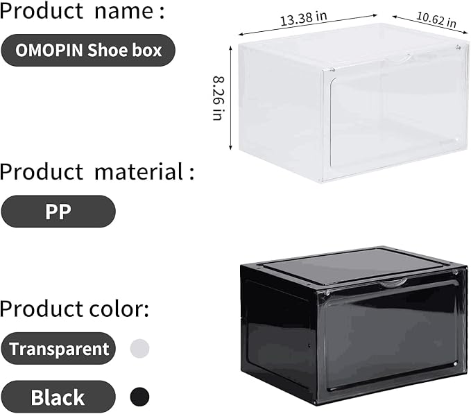 8 PACK XL Shoe Storage Box,Drop Side Sneaker Display Case,Shoe Boxes Clear Plastic Stackable 13.4”x 10.6”x 8.3” Fit up to US 13 (Clear 8Pack)