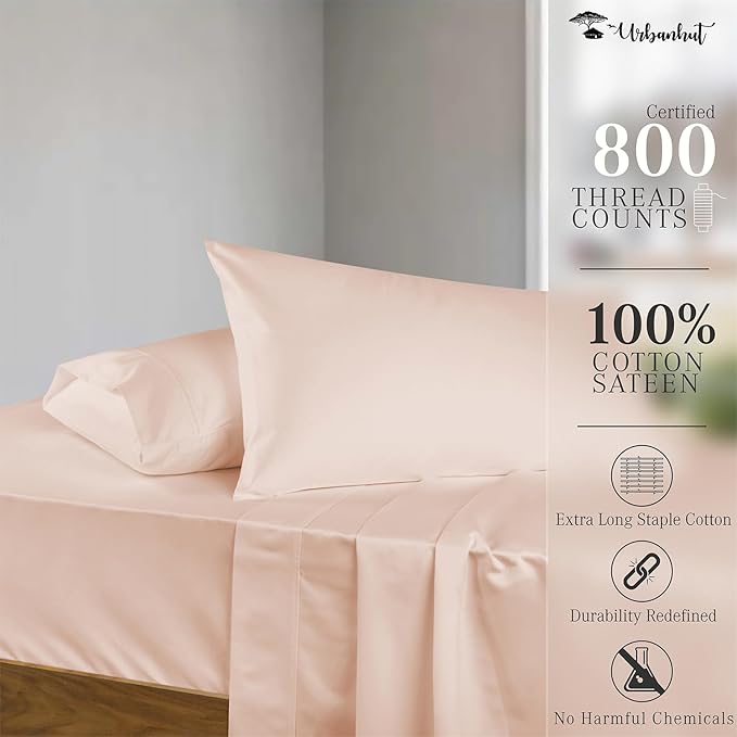 URBANHUT 800 Thread Count 100% Cotton King Size Sheets, Luxury 4 Piece King Bedsheets, Hotel Sheets Sateen Finish - Better Than Egyptian, 16" Elasticized Deep Pocket - Blush Pink
