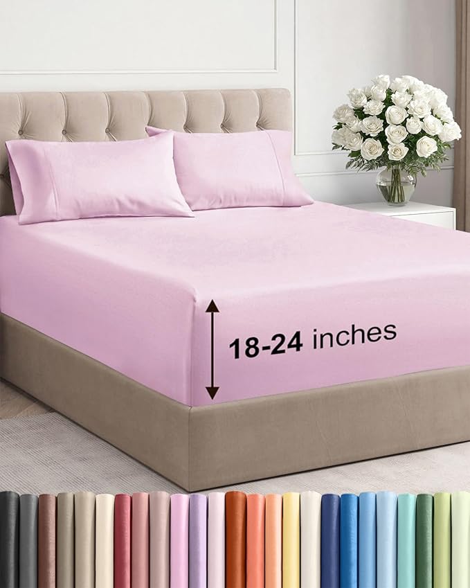 Extra Deep Twin XL Sheet Set - 4 Piece Breathable and Cooling Sheets - Hotel Luxury Bed Sheets Set - Easy Fit - Soft, Wrinkle Free and Comfy Sheets Set - Light Pink Sheet Set with Extra Deep Pockets