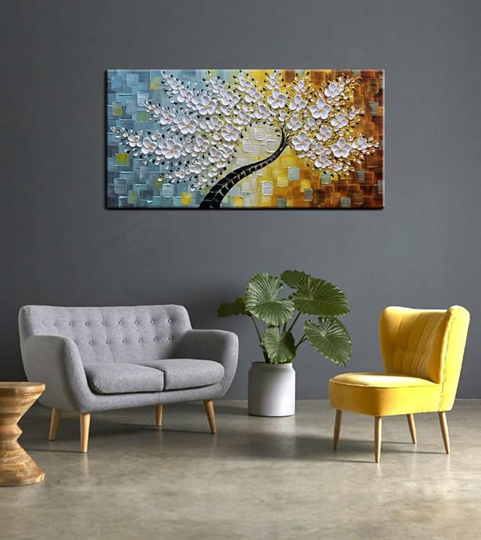 YaSheng Art-Handmade White Flower Contemporary Art Oil Painting On Canvas 3D Texture Abstract Tree Paintings Modern Home Bedroom, Dining Room, Wall Art Decor Ready to Hang20x40inch