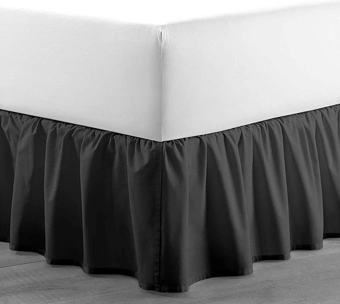 Dark Grey Solid Ruffled Bed Skirt Queen-XL-16 Inch Drop Split Corner, Microfiber Bedskirt with Platform Three Sided Coverage