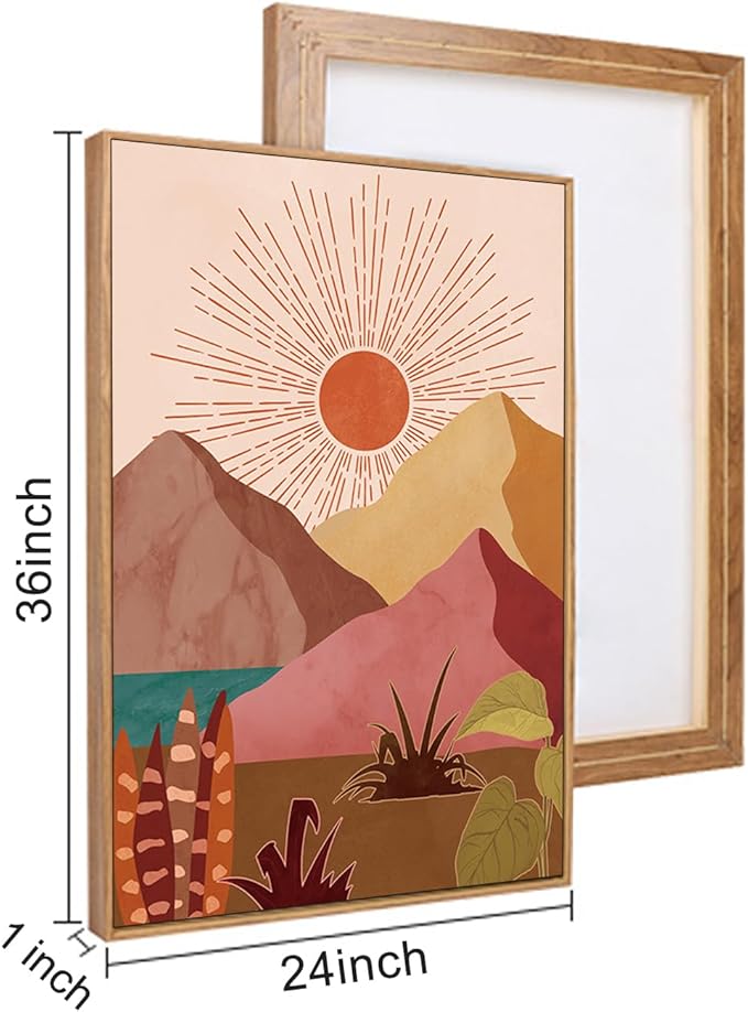 LHIUEM Large Boho Southwest Mountain Framed Canvas Wall Art,Abstract Desert Colorful Wall Decor,Nature Moon and Sun Wall Painting,Bohemian Artwork for Living Room,Bedroom,Dining Room,Office -24"x36"x3