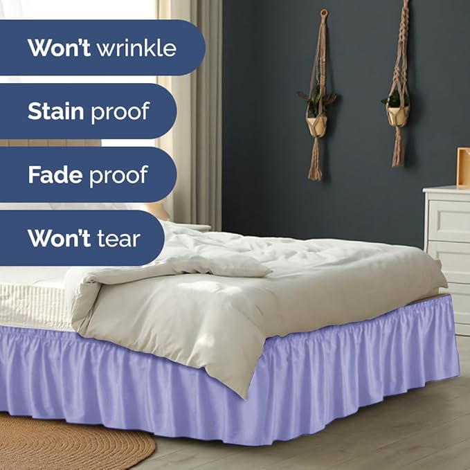 Wrap Around Dust Ruffle Bed Skirt - Lavender - for Queen Size Beds with 12 Inch Drop - Elastic Strap - Adjustable Pleated Bedskirt with Brushed Fabric and Wrinkle Free - for Women, Men, Kids & Teens